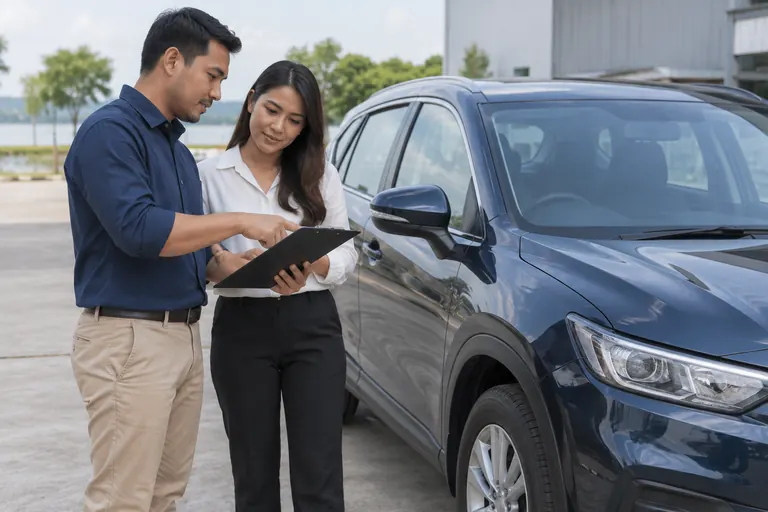 Dua orang menyemak nota bersebelahan kereta