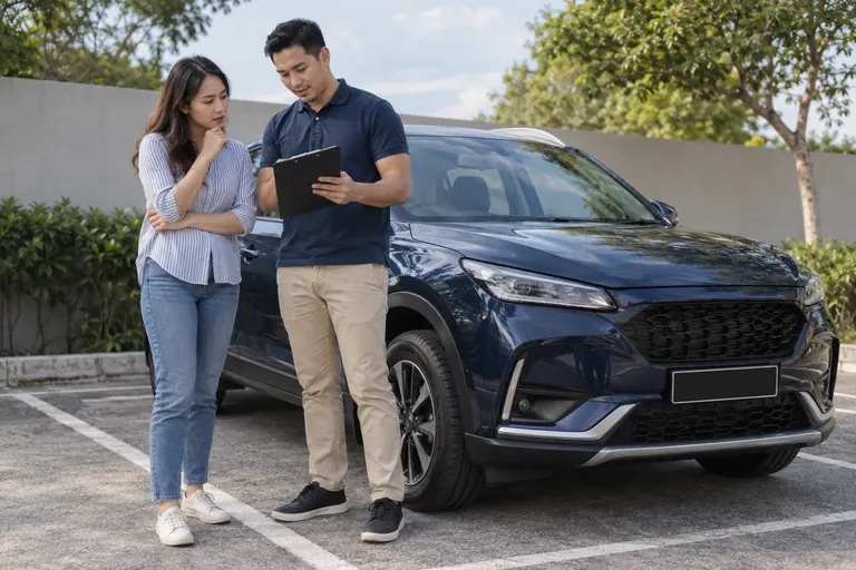 Dua orang menyemak soalan serahan bersebelahan kereta